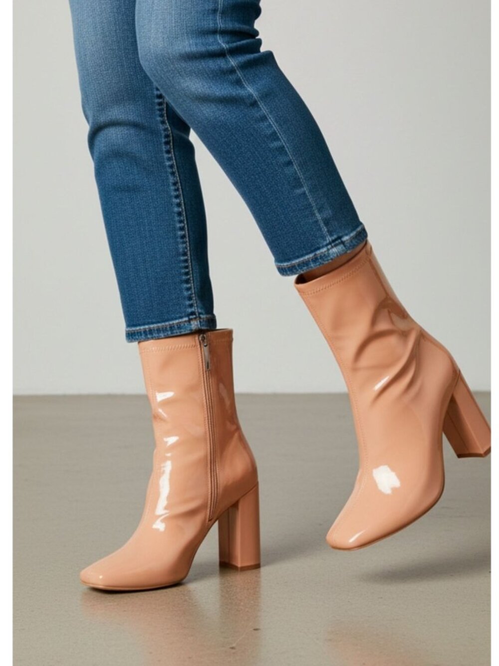 Patent Leather Nude Ankle Boots With Block Heels & Side Zipper Closure Womens